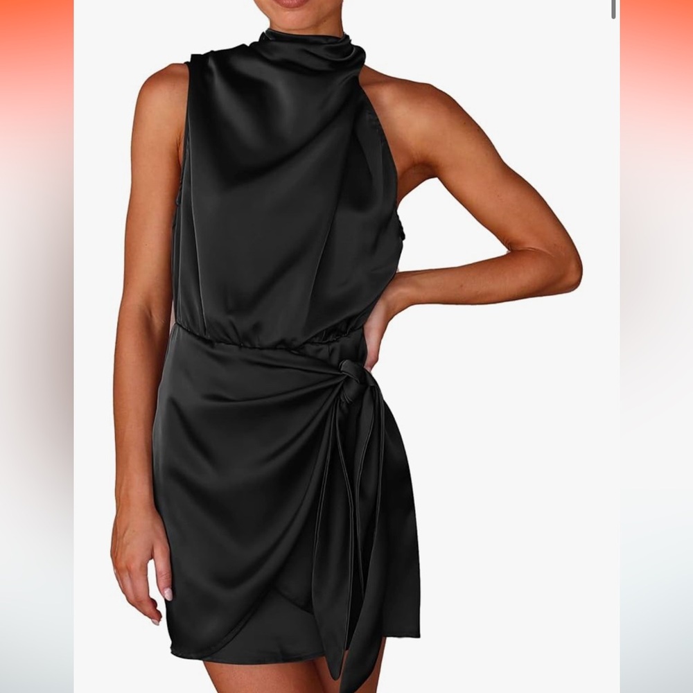 Black silk cocktail mini dress with tie front - size XL
